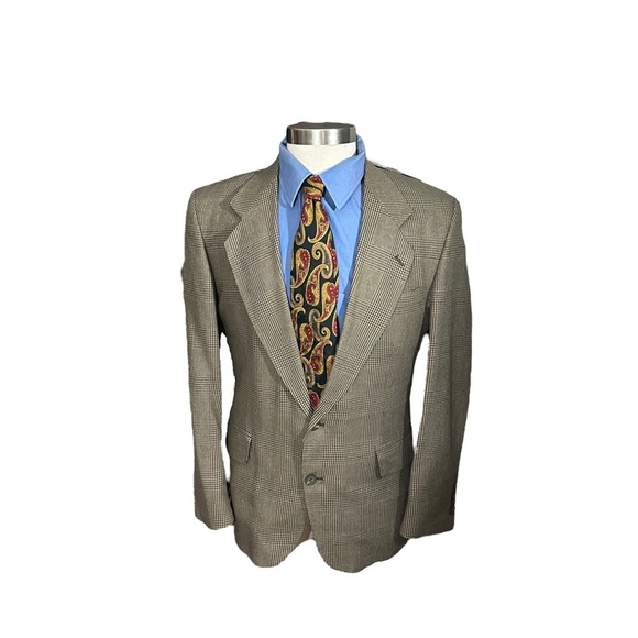 Robert Stock Taupe Houndstooth & Plaid Silk & Wool 2 Button Suit Jacket Sz 40R - Picture 1 of 15